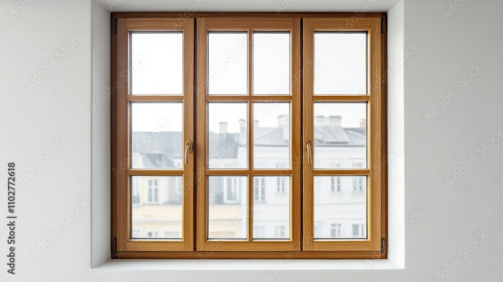 A wooden-framed window showcasing an urban view with buildings in the background.