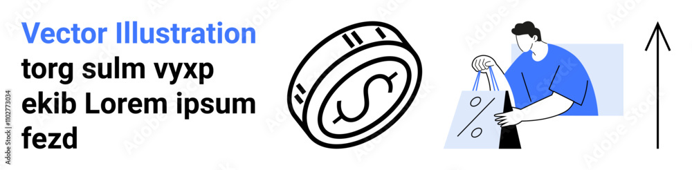 Currency coin with a dollar sign, person carrying shopping bags, and upward arrow. Ideal for online shopping, e-commerce, financial growth, investing, retail sales, customer experience marketing Currency coin with a dollar sign, person carrying shopping bags, and upward arrow. Ideal for online shopping, e-commerce, financial growth, investing, retail sales, customer experience marketing