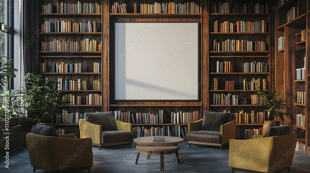 Serene Library Corner with Blank Whiteboard Space Serene Library Corner with Blank Whiteboard Space