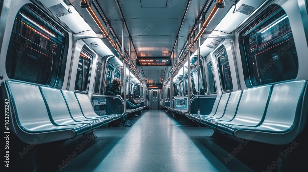 A quiet subway train interior with empty seats and ambient lighting. A quiet subway train interior with empty seats and ambient lighting.