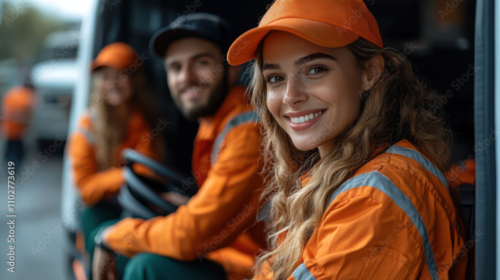Smiling female worker in orange uniform with colleagues in background. Smiling female worker in orange uniform with colleagues in background.