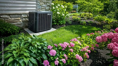 Air conditioning unit nestled in a lush garden with vibrant flowers during a sunny day