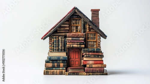 fantastical creative illustration of a house made of books, sitting on a white background, emphasizing the power of imagination and storytelling