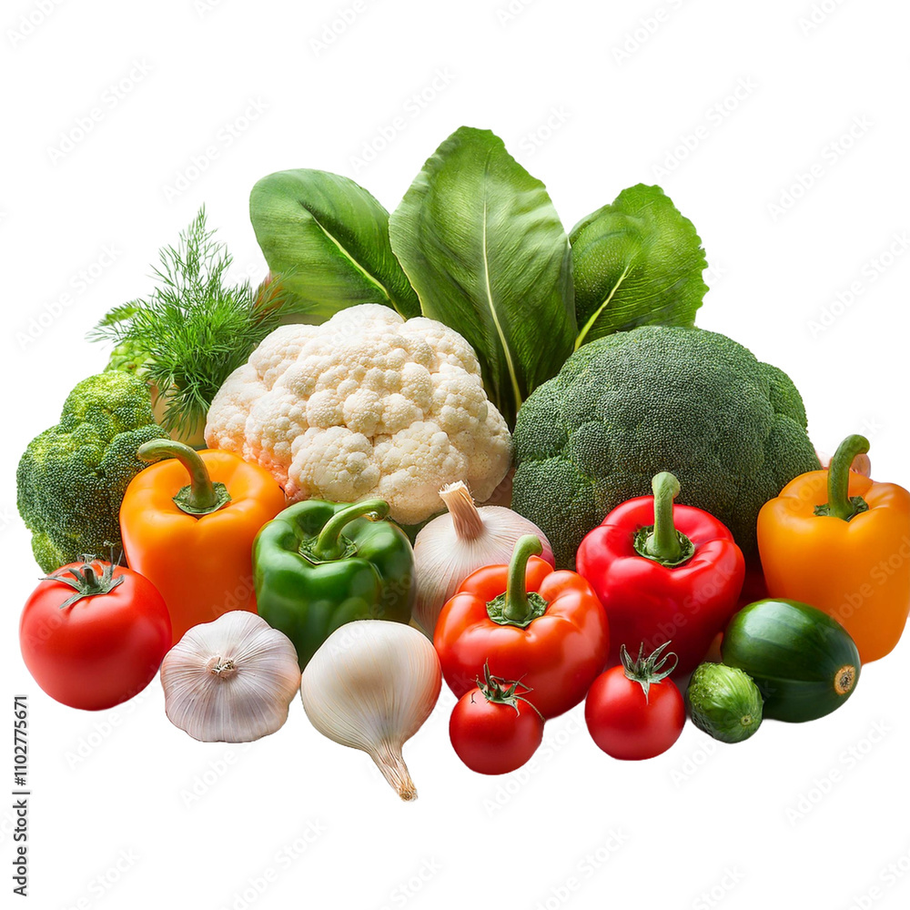 Distintos tipos de vegetales frescos en un fondo transparente, verduras variadas sin fondo Distintos tipos de vegetales frescos en un fondo transparente, verduras variadas sin fondo