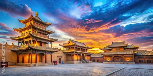 Jiaohe's old buildings bathed in Silk Road sunset hues. photo