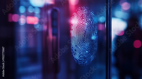 Digital fingerprint glowing in neon light illustrating security technology concept - Generated AI photo