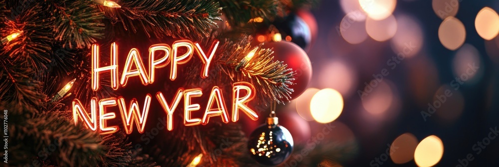 Festive Нарру New Year banner with decorated Christmas tree on colorful background with bokeh lights Festive Нарру New Year banner with decorated Christmas tree on colorful background with bokeh lights