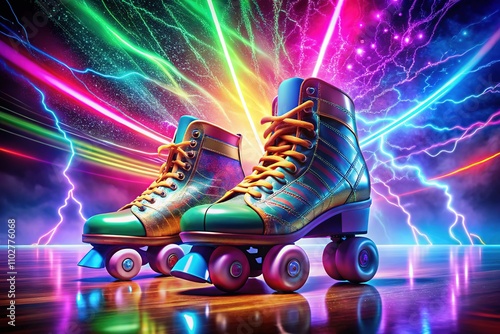 Lightning-fast roller derby skates, soaring above a disco sphere.