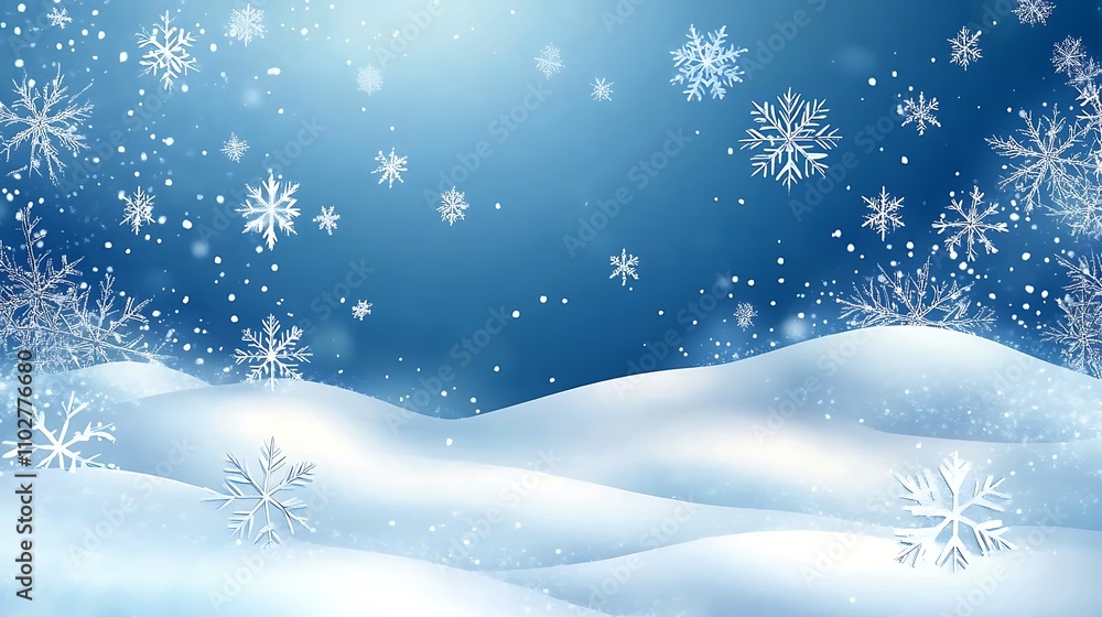 Snowy landscape with falling snowflakes and a serene blue winter background. - Generated AI Snowy landscape with falling snowflakes and a serene blue winter background. - Generated AI
