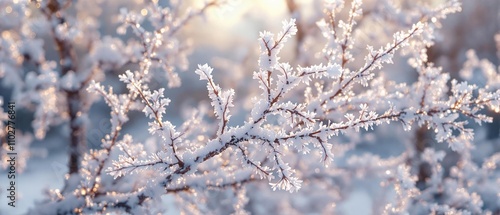 A close-up of snow-covered branches with delicate twigs and sparkles in the soft winter light, frosty foliage, frozen landscape, , nature's beauty