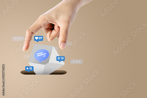 A creative concept image showcasing engagement on social media, with a hand interacting with 3D-like notifications for likes, comments, and mentions.