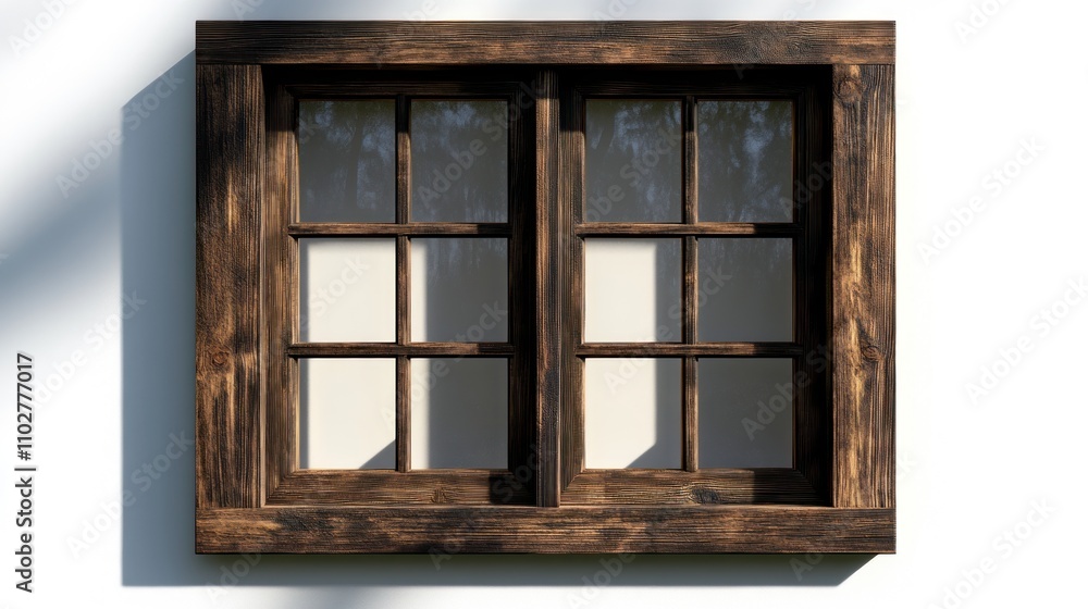 Obraz premium A wooden window frame with four panes set against a white wall, showcasing a rustic design.