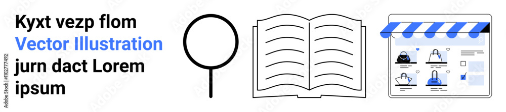 Text block with magnifying glass, open book, and website interface displaying online courses and shopping features. Ideal for education, online courses, e-commerce, technology, digital learning Text block with magnifying glass, open book, and website interface displaying online courses and shopping features. Ideal for education, online courses, e-commerce, technology, digital learning
