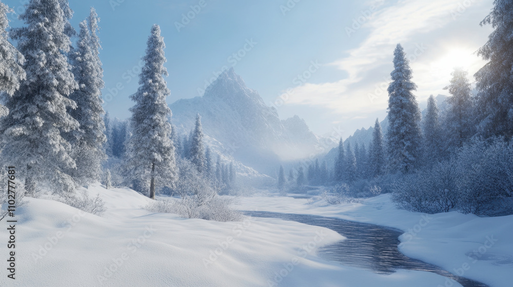 serene winter landscape featuring snow covered mountains, tall evergreen trees, and tranquil river flowing through snowy terrain. soft light creates peaceful atmosphere serene winter landscape featuring snow covered mountains, tall evergreen trees, and tranquil river flowing through snowy terrain. soft light creates peaceful atmosphere