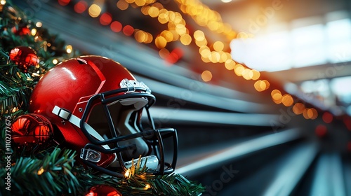 A festive scene featuring a football helmet adorned with Christmas decorations, blending sports and holiday spirit. photo