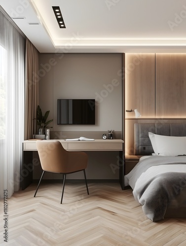 Stylish and Serene Bedroom with Desk and Art