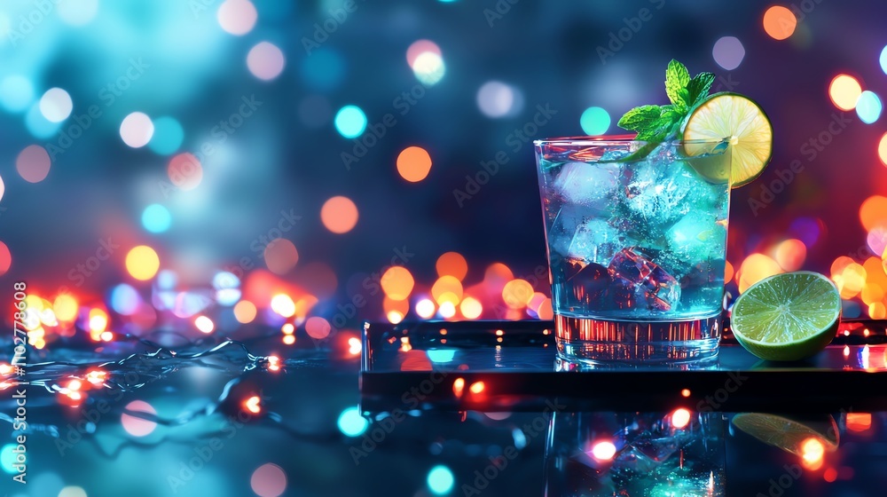A refreshing cocktail garnished with mint and lime sits elegantly against a backdrop of vibrant, colorful lights. A refreshing cocktail garnished with mint and lime sits elegantly against a backdrop of vibrant, colorful lights.