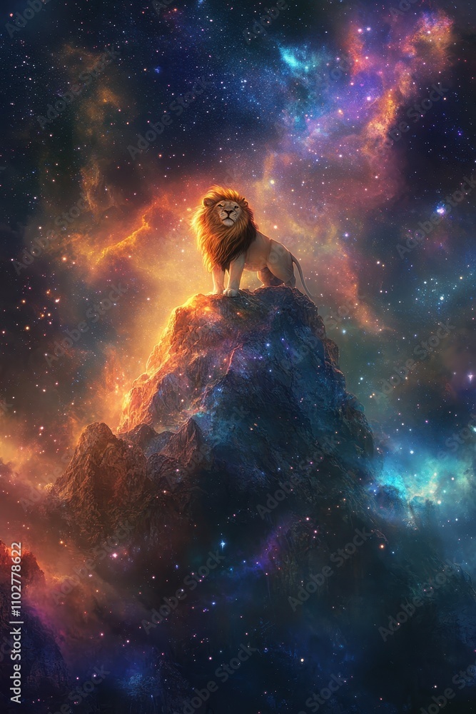 Obraz premium Surreal Lion Standing on a Cosmic Mountain