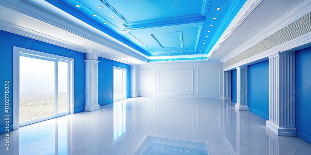 Fototapeta premium Photorealistic rendering of a white room with a blue ceiling, empty, contemporary design.