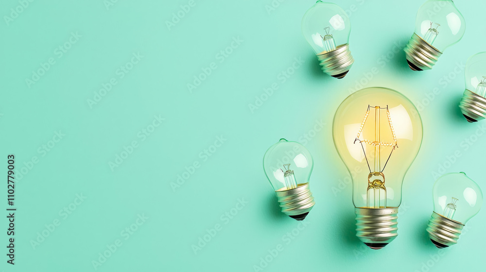 glowing light bulb stands out among clear bulbs on mint background, symbolizing creativity and innovation glowing light bulb stands out among clear bulbs on mint background, symbolizing creativity and innovation
