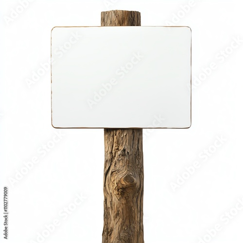 A wooden post with a blank white sign, ready for messages or directions, set against a plain background. photo