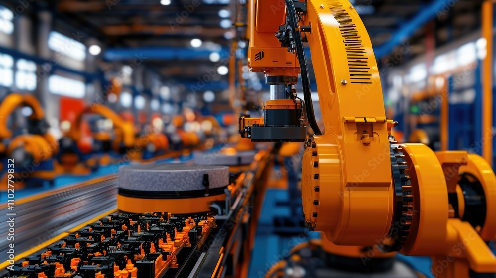 Fototapeta premium A robotic arm operates in a modern manufacturing facility, showcasing advanced automation technology and assembly lines.