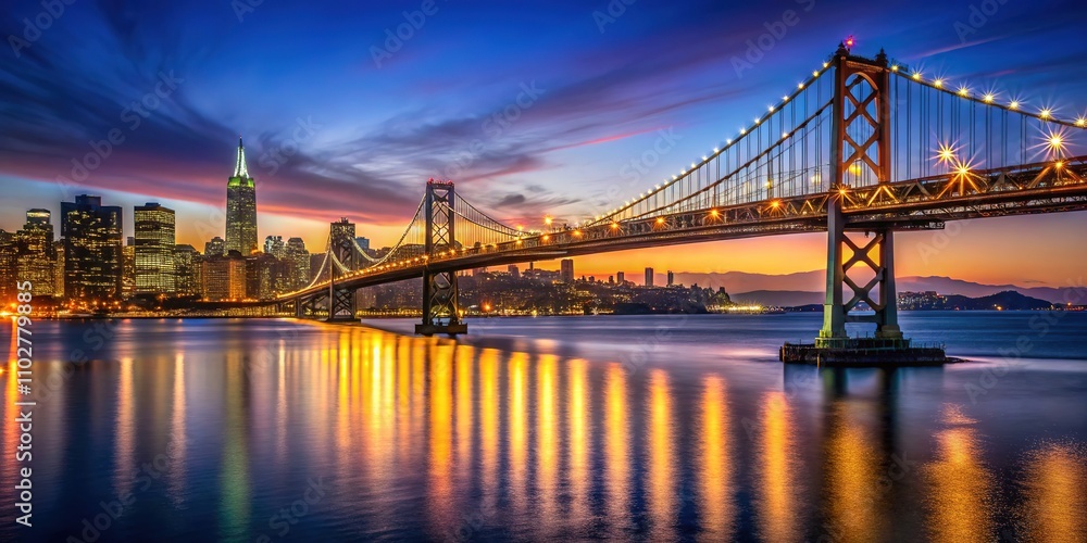 Obraz premium San Francisco's nocturnal beauty: Bay Bridge, Golden Gate, shimmering reflections.