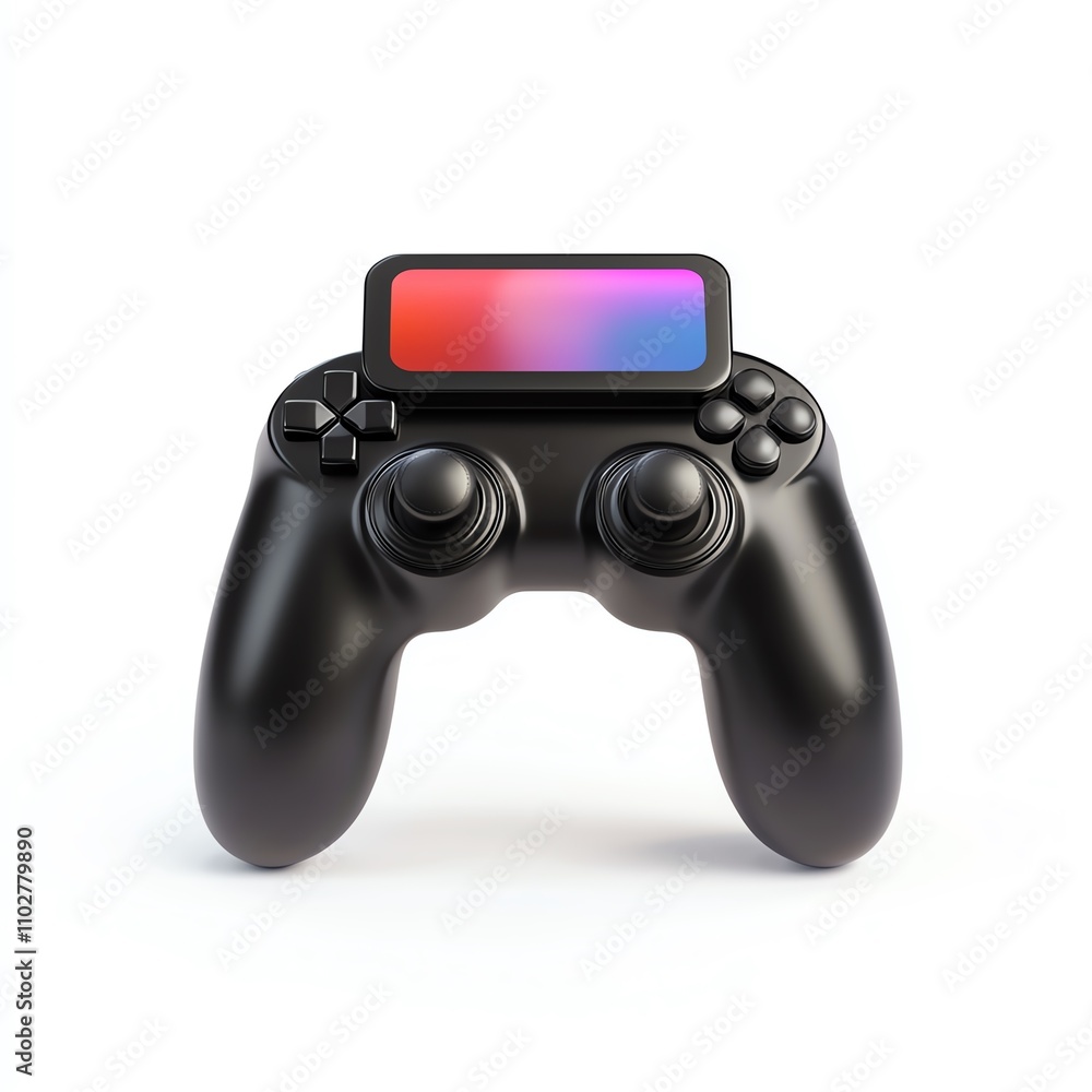 A sleek black game controller with a vibrant screen, designed for modern gaming experiences. A sleek black game controller with a vibrant screen, designed for modern gaming experiences.