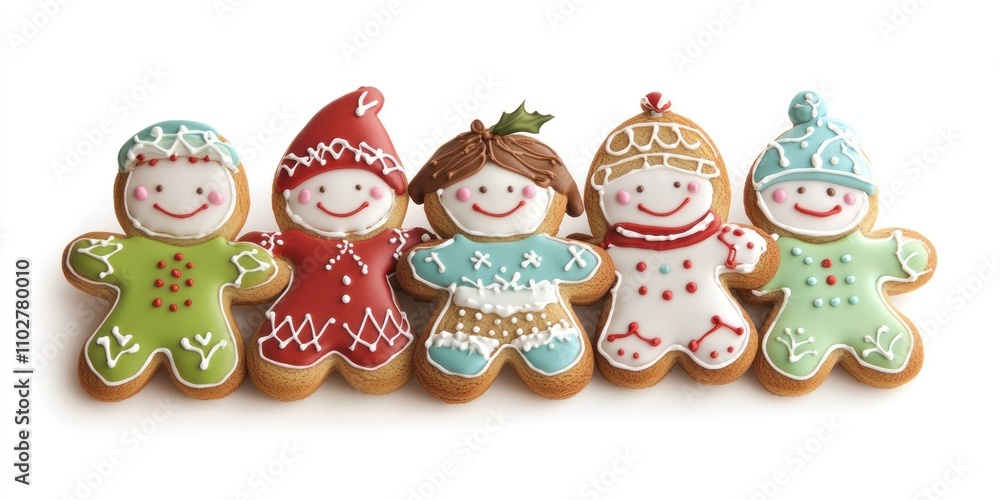 Five decorated gingerbread men cookies in a row, isolated on white background. Five decorated gingerbread men cookies in a row, isolated on white background.