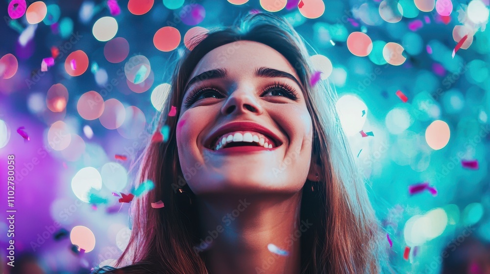 A joyful woman smiles amidst colorful confetti and vibrant lights, capturing the essence of celebration and happiness. A joyful woman smiles amidst colorful confetti and vibrant lights, capturing the essence of celebration and happiness.
