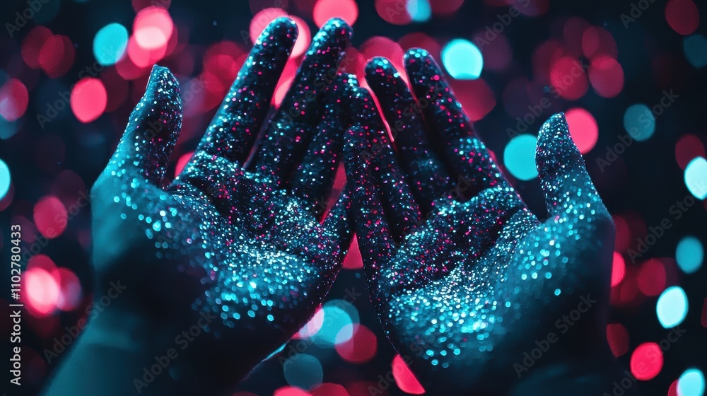 Sparkling hands covered in glitter create a vibrant visual against a backdrop of colorful bokeh lights. Sparkling hands covered in glitter create a vibrant visual against a backdrop of colorful bokeh lights.
