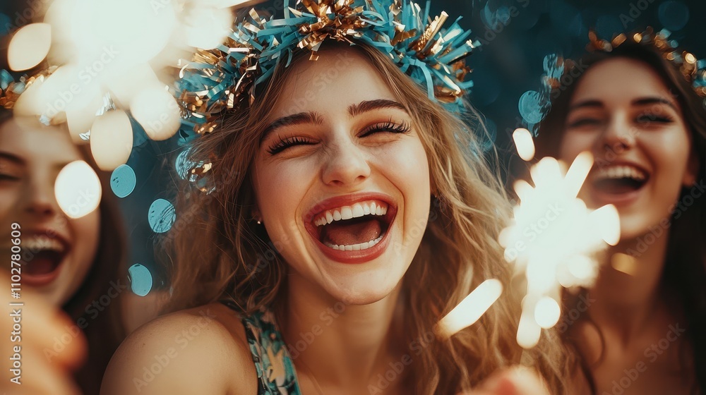 A joyful group of friends celebrating with sparklers, showcasing happiness and vibrant energy in a festive atmosphere.