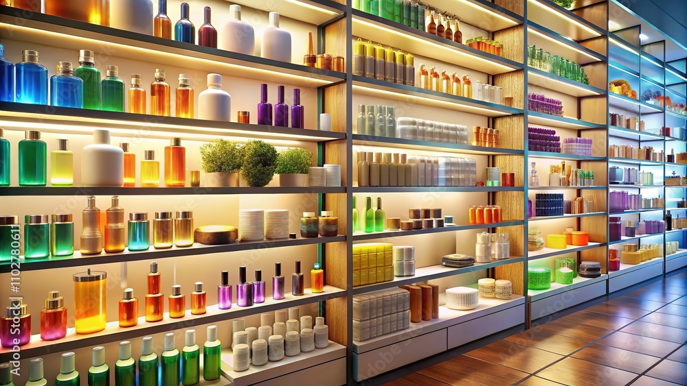 Skincare dreams come true, shelves overflowing with beauty products. Skincare dreams come true, shelves overflowing with beauty products.