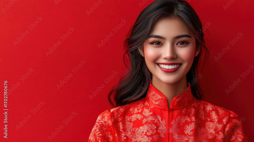 smiling woman in traditional red outfit stands against vibrant red background, exuding joy and cultural elegance. Her confident expression adds warmth to festive atmosphere smiling woman in traditional red outfit stands against vibrant red background, exuding joy and cultural elegance. Her confident expression adds warmth to festive atmosphere
