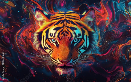 Wallpaper Mural Fierce Tiger Emerging from Chaotic Colors Torontodigital.ca