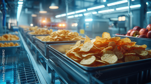 Optimizing industrial apple chips production factory equipment for crisp quality food industry indoor operational process photo