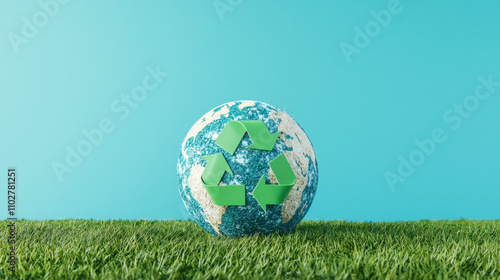 globe with green recycling symbol on grass, symbolizing sustainability and environmental awareness. This conveys message of eco friendliness and care for planet