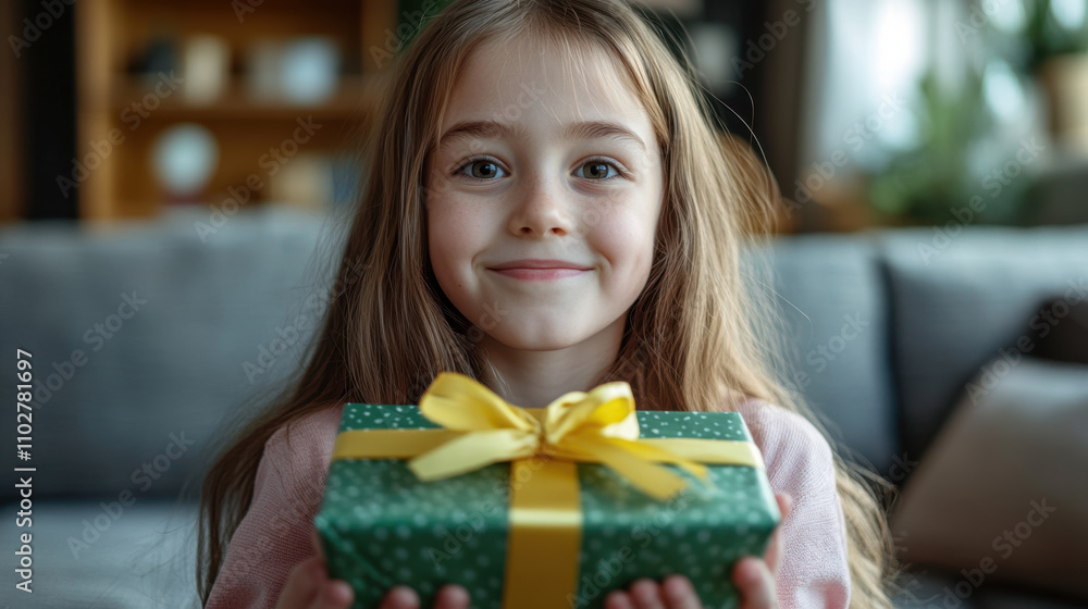 Girl in pink sweatshirt holds green gift box with yellow ribbon, smiling happily. cozy living room setting adds warmth to joyful moment Girl in pink sweatshirt holds green gift box with yellow ribbon, smiling happily. cozy living room setting adds warmth to joyful moment