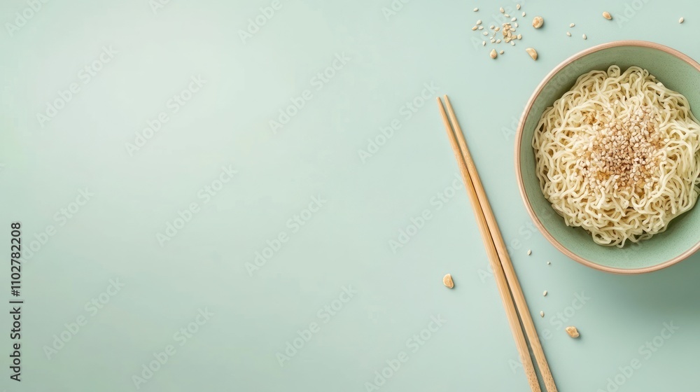 Top view of a bowl of noodles with chopsticks and sesame seeds on a green background. Top view of a bowl of noodles with chopsticks and sesame seeds on a green background.