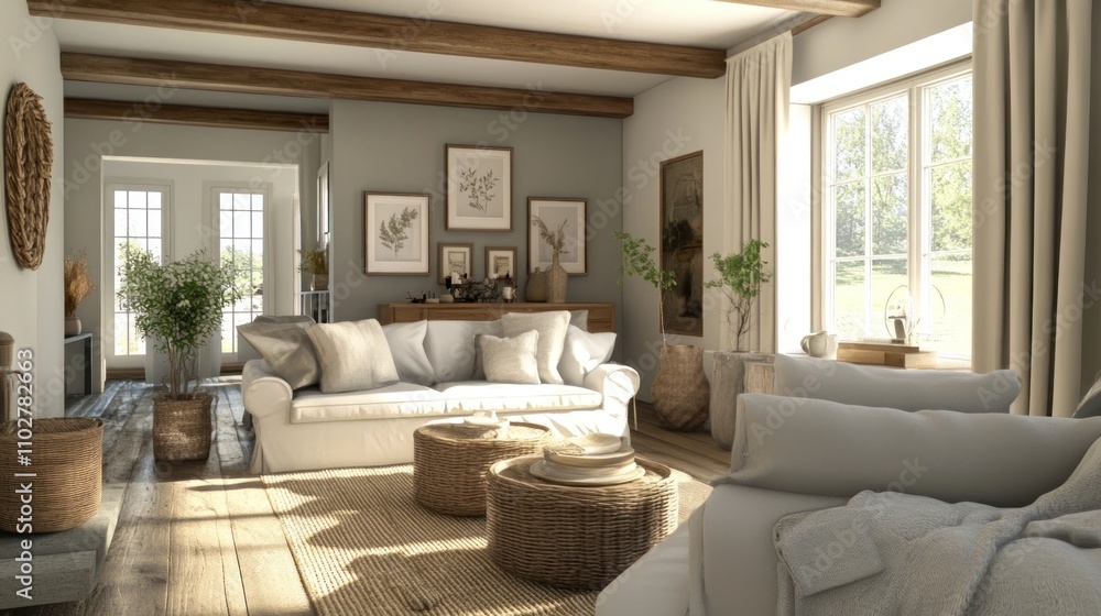 Fototapeta premium A cozy, well-lit living room with natural decor and comfortable seating.
