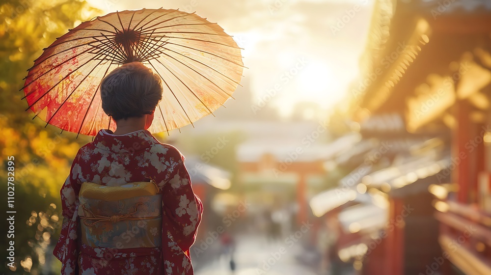 Obraz premium Woman in Kimono with Umbrella at Sunset in Japan