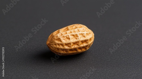 Close-up of a single raw peanut shell resting on a dark textured surface, showcasing the natural patterns and colors of the nut's exterior in vivid detail.