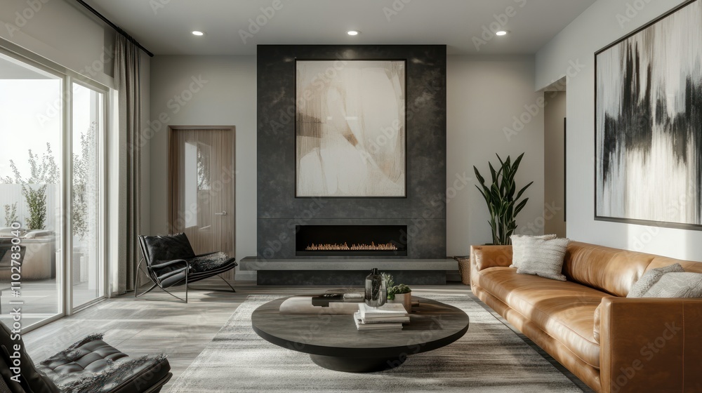 Modern living room with a minimalist design, featuring a cozy sofa and elegant decor. Modern living room with a minimalist design, featuring a cozy sofa and elegant decor.