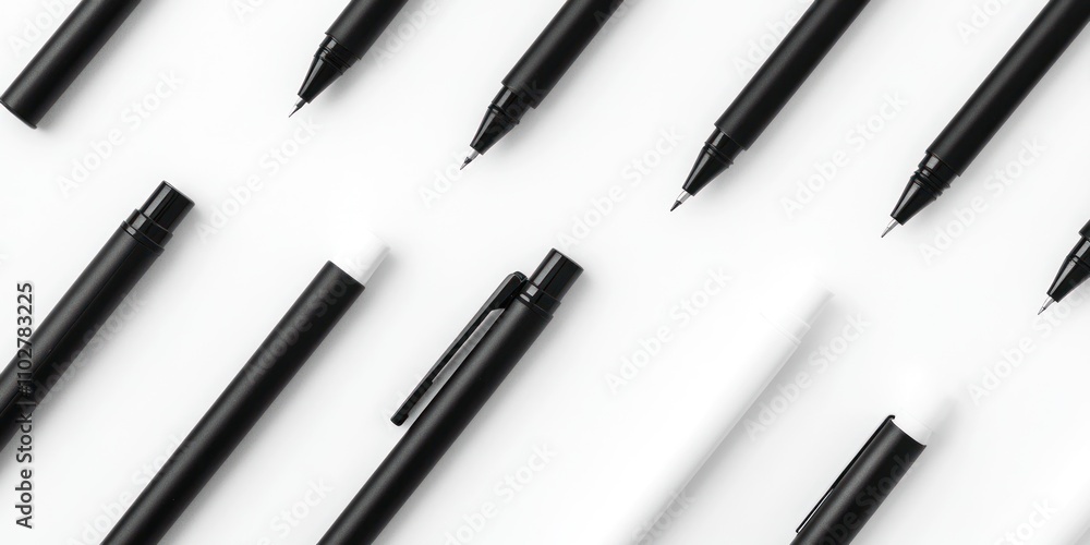 Black and White Pens Arranged on White Background Black and White Pens Arranged on White Background