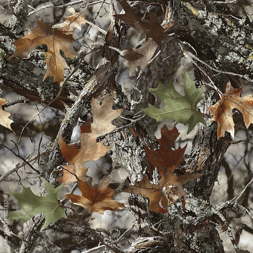 Close Up Oak Tree, Oak Leaves and Branches Hunter Camouflage Pattern, Seamless Camo Texture