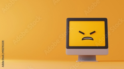 Register and verification concept. Angry computer monitor on a bright yellow background.