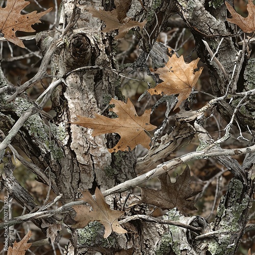 Close Up Oak Tree, Oak Leaves and Branches Hunter Camouflage Pattern, Seamless Camo Texture