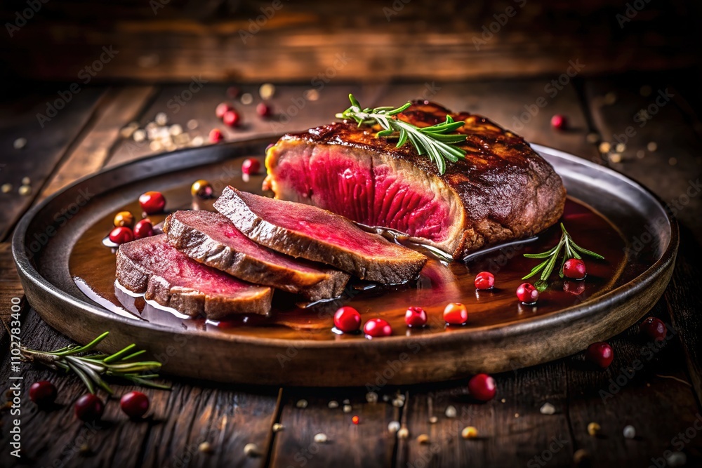 The steak shimmers, a feast for the eyes, against the stark backdrop of the night. The steak shimmers, a feast for the eyes, against the stark backdrop of the night.