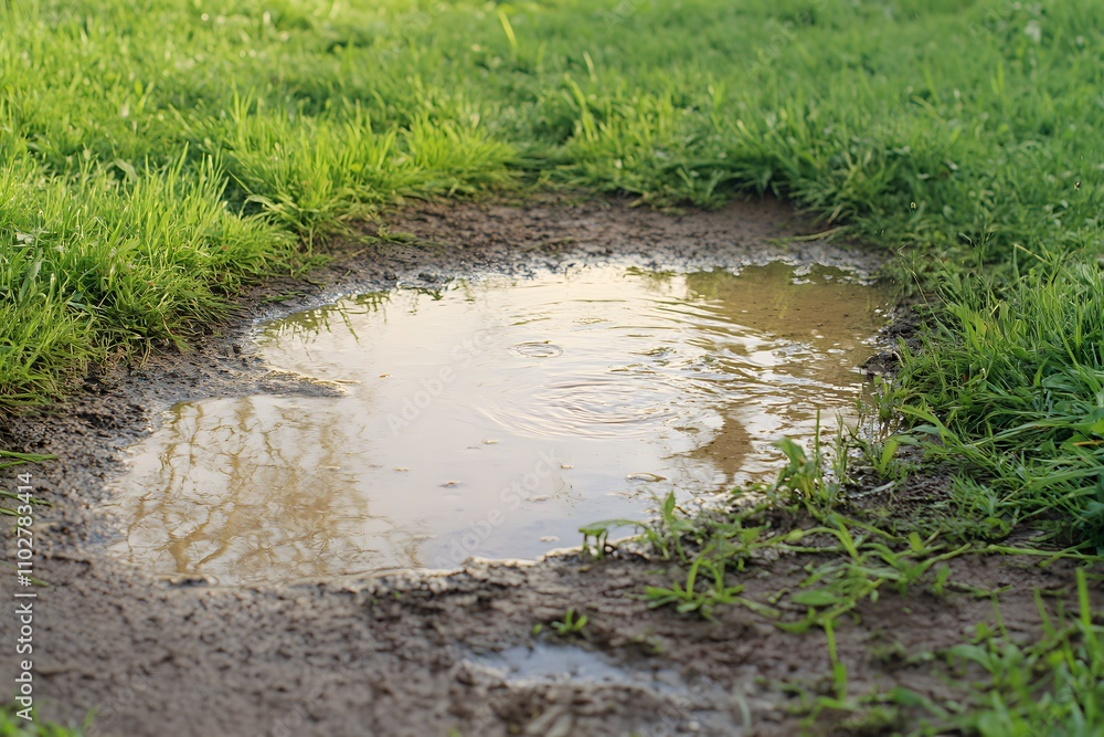 Minimalist splash in small puddle, soft evening light, suburban background with copy space. Step in a Puddle and Splash Your Friends Day. Minimalist splash in small puddle, soft evening light, suburban background with copy space. Step in a Puddle and Splash Your Friends Day.
