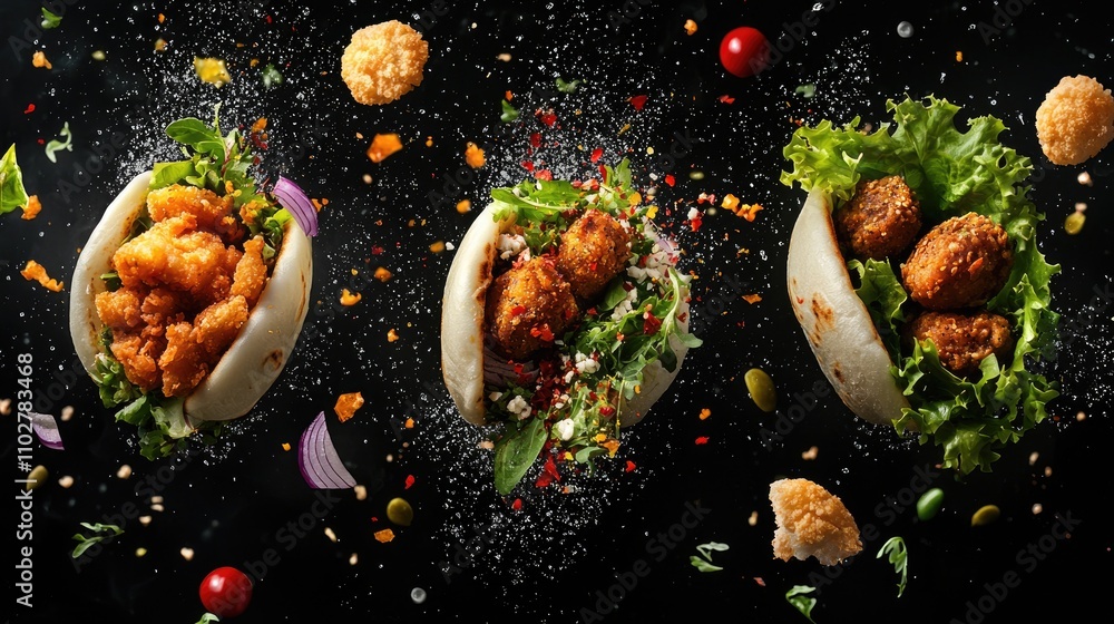 generate dramatic photography of shawarma, bao, falafel, frieds, fried chicekn, food photography, on balck bakcground, drama ingriedients floating generate dramatic photography of shawarma, bao, falafel, frieds, fried chicekn, food photography, on balck bakcground, drama ingriedients floating